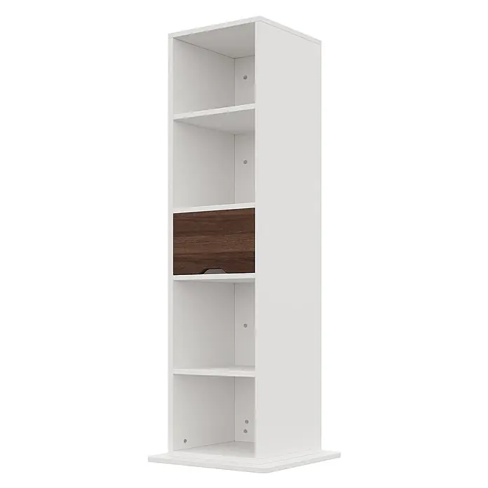 SONNENH Dreh-Spiegelschrank 45 x 45 x 168 cm, Weiß -  - Hohes weißes Bücherregal mit offenen Fächern und einer dunklen Holzschublade für vielseitigen Stauraum.