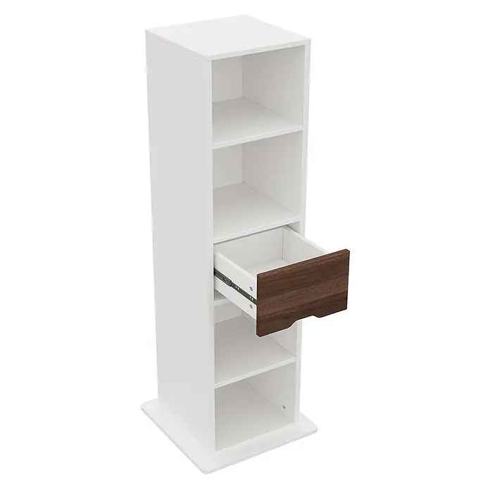 SONNENH Dreh-Spiegelschrank 45 x 45 x 168 cm, Weiß -  - Weißes Regal mit Fächern und einer geöffneten Schublade. Die Schublade hat eine braune Holzoptik-Front.