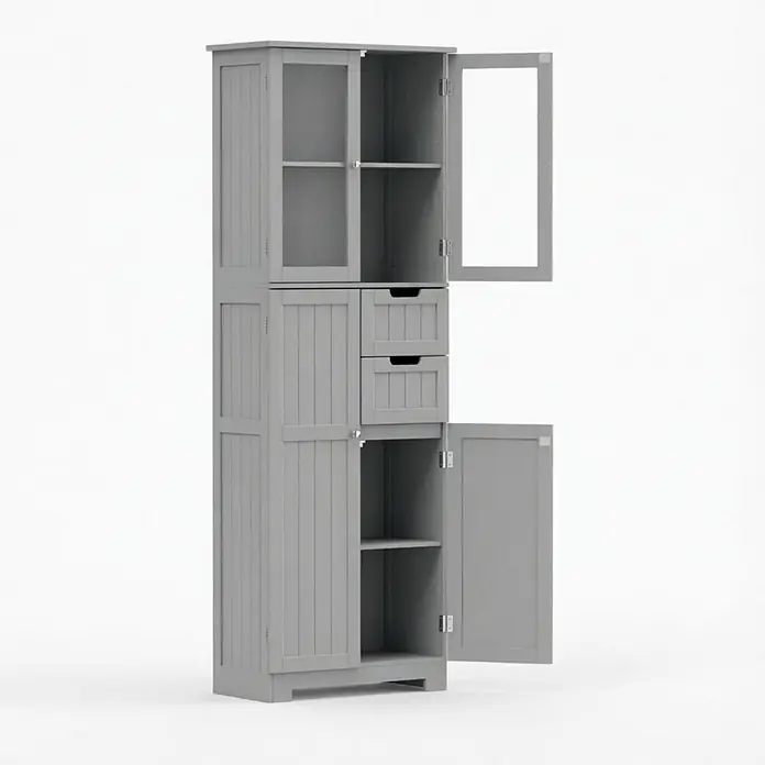 SONNENH Mehrzweckschrank 60 x 30 x 170 cm, Grau -  - Hoher grauer Holzschrank mit Glastür, zwei Schubladen und Lamellentür, teilweise geöffnet.