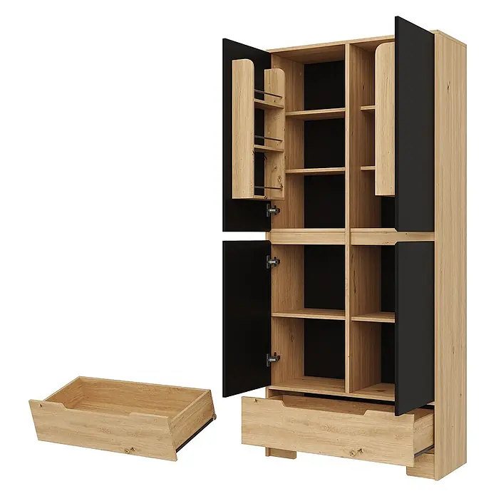 SONNENH Vorratsschrank 80 x 35 x 180 cm, Schwarz/Natur -  - Helles Eichen-Effekt-Schrank mit schwarzen Akzenten, offenen Türen mit Regalen und Innenablagen sowie Auszugsschubladen.
