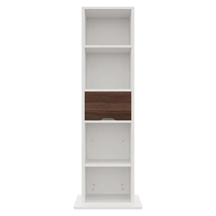 SONNENH Dreh-Spiegelschrank 45 x 45 x 168 cm, Weiß -  - Weißes modulares Regal mit mehreren Fächern und einem zentralen dunklen Holz-Look-Fach mit Griffmulde. Sichtbare Schrauben.