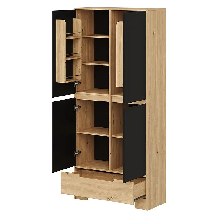 SONNENH Vorratsschrank 80 x 35 x 180 cm, Schwarz/Natur -  - Zweifarbiger Schrank aus hellem Holz und schwarzen Türen, mit offenen Regalen, Türfächern und einer Schublade.