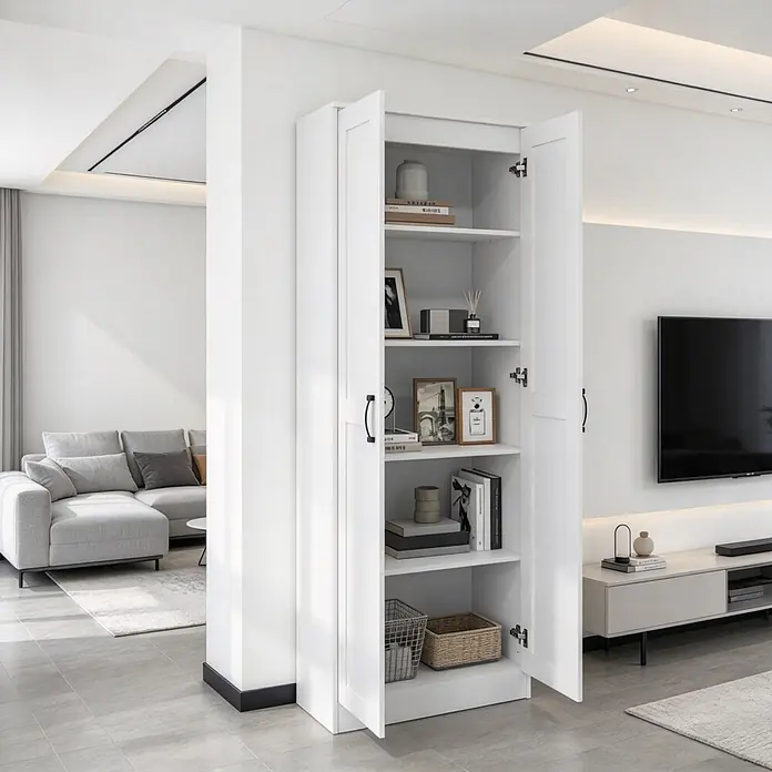 SONNENH Hochschrank 60 x 36,5 x 175 cm, Weiß -  - Weißer Aufbewahrungsschrank mit zwei offenen Türen, der Bücher und Dekoration in einem modernen Wohnzimmer zeigt.