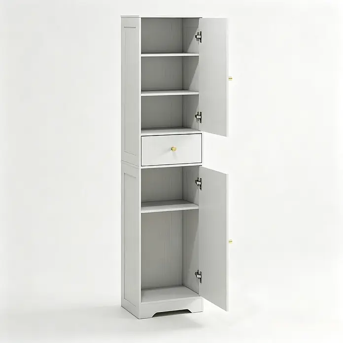 SONNENH Hochschrank 40 x 29,5 x 170 cm, Weiß -  - Hoher hellgrauer Holzschrank mit offenen Türen, mehreren Regalböden und einer zentralen Schublade mit goldenem Knauf.