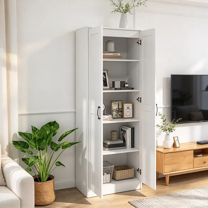 SONNENH Hochschrank 60 x 36,5 x 175 cm, Weiß -  - Hoher weißer Aufbewahrungsschrank mit offenen Türen, der Bücher und Dekorationsartikel in einem gemütlichen Wohnzimmer präsentiert.