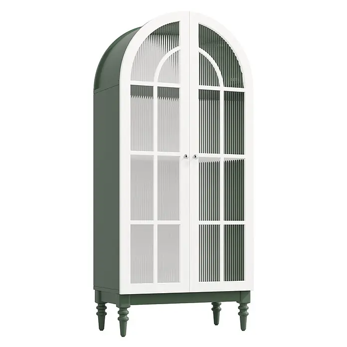 SONNENH Vitrine 76 x 38,5 x 165 cm, Dunkelgrün/Weiß -  - Grüner Schrank mit gewölbten weißen Türen, gerillten Glaspaneelen und gedrechselten Beinen.