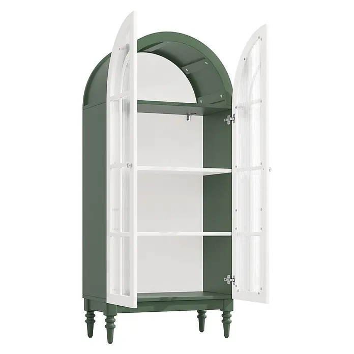 SONNENH Vitrine 76 x 38,5 x 165 cm, Dunkelgrün/Weiß -  - Grüner Schrank mit bogenförmigen, gerillten weißen Glastüren, die zwei weiße Innenregale und gedrechselte Beine enthüllen.