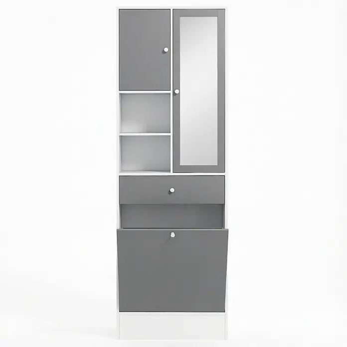 SONNENH Bad-Hochschrank 80 x 40 x 181 cm, Weiß/Grau -  - Hoher schmaler Schrank in Grau-Weiß mit Spiegeltür, offenen Fächern, Schublade und unterer Kipptür.