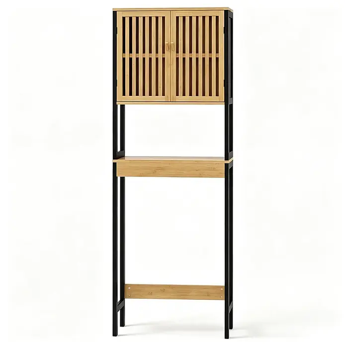 SONNENH WC-Schrank 60 x 21,5 x 172 cm, Natur/Schwarz -  - Hohes WC-Regal aus Bambus und schwarzem Metall mit Lamellenschrank und offener Ablage.