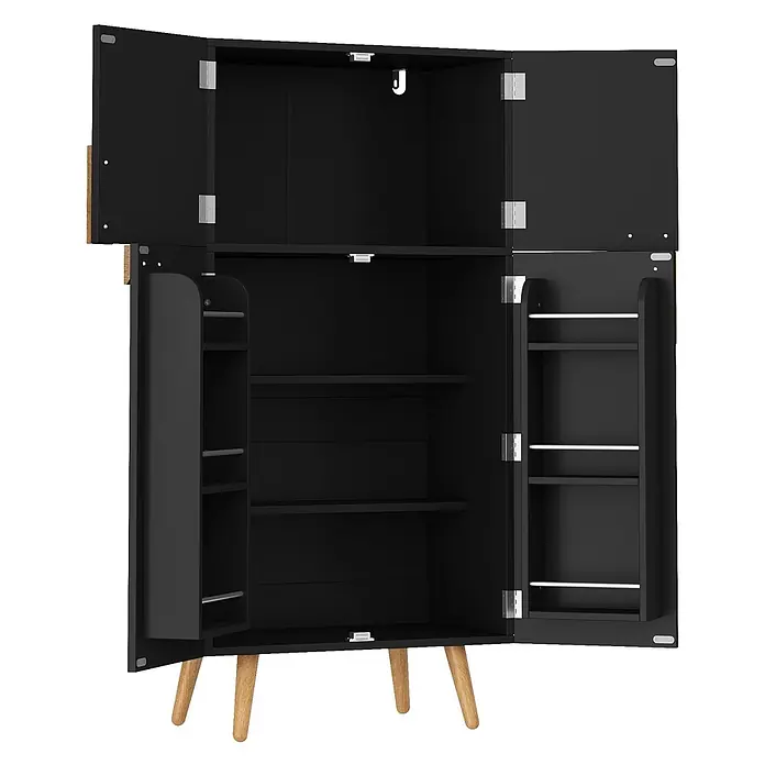 SONNENH Mehrzweckschrank 60 x 35 x 120 cm, Schwarz -  - Schwarzer Schrank mit geöffneten Türen, der interne Regale, Seitenfächer und Holzbeine zeigt.