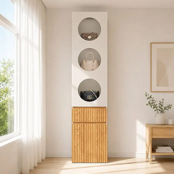 SONNENH Hochschrank 45 x 50 x 200 cm, Hellgrau/Eiche -  - Hoher weißer und heller Holzschrank mit drei runden Handtaschen-Präsentationsfächern und geriffelten Unterschränken.