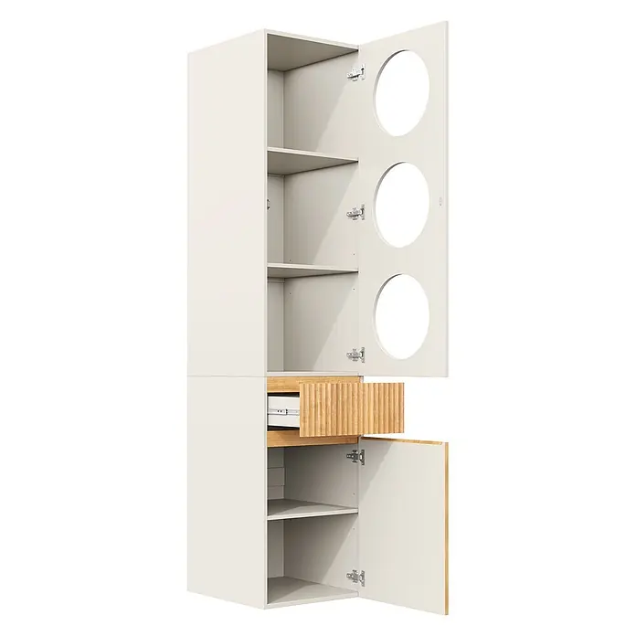 SONNENH Hochschrank 45 x 50 x 200 cm, Hellgrau/Eiche -  - Cremefarbener Schrank mit offenen Türen, teils geöffneter Holzschublade. Regalböden und kreisförmige Aussparungen an der oberen Tür.