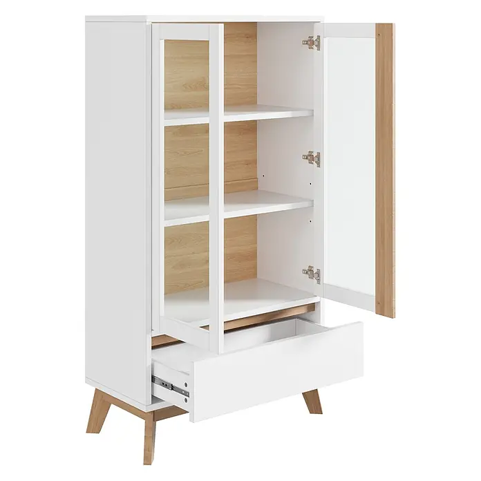 SONNENH Vorratsschrank 80 x 40 x 150 cm, Weiß -  - Weißer Schrank mit hellen Holzdetails, offener Glastür zu Regalen und halb ausgezogener Schublade.