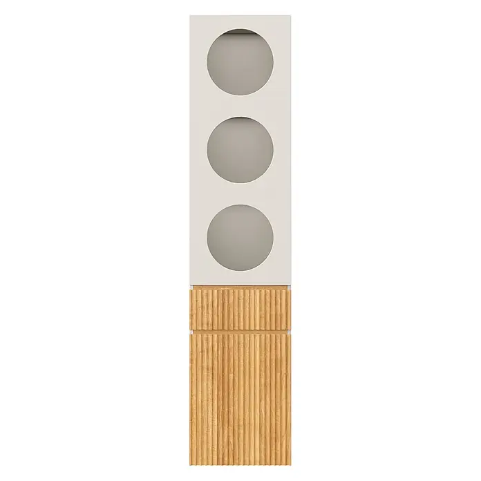 SONNENH Hochschrank 45 x 50 x 200 cm, Hellgrau/Eiche -  - Hoher moderner Schrank mit hellbeigem Oberteil, drei ovalen Aussparungen und geriffelter Holzbasis mit zwei Sektionen.