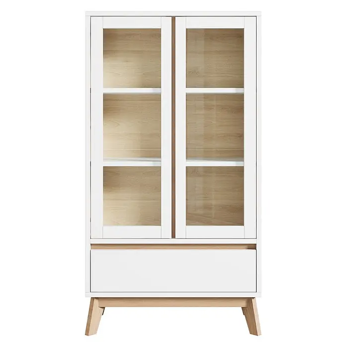 SONNENH Vorratsschrank 80 x 40 x 150 cm, Weiß -  - Weißer und heller Holzvitrine mit Glastüren, Regalen, einer Schublade und Holzbeinen.