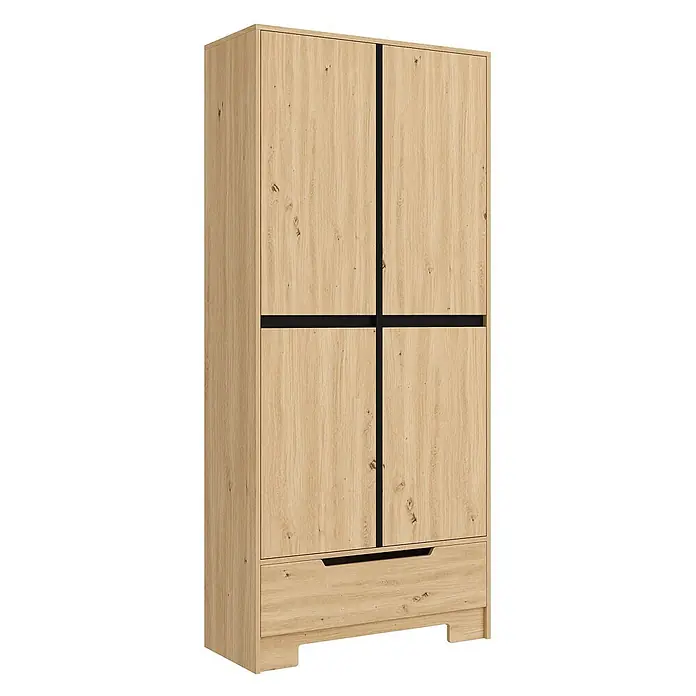 SONNENH Vorratsschrank 80 x 35 x 180 cm, Natur/Schwarz -  - Kleiderschrank in heller Eichenoptik mit vier Türen, schwarzen Akzenten und einer Schublade mit Griffmulde.