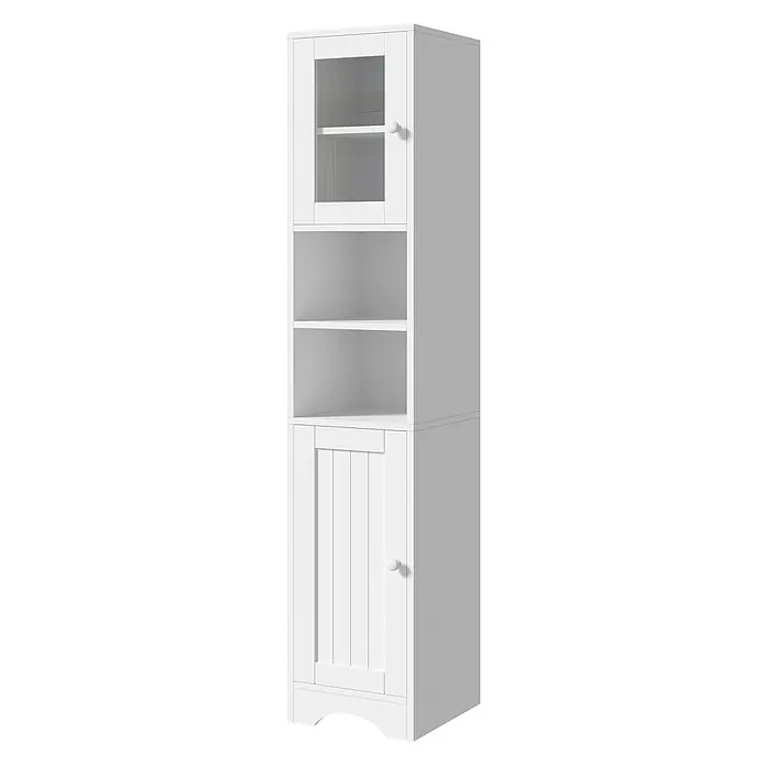 SONNENH Hochschrank 30 x 35 x 160 cm, Weiß -  - Weißer Holzschrank mit gläserner Oberlichttür, zwei offenen Fächern und einer unteren Paneeltür mit runden Knöpfen.