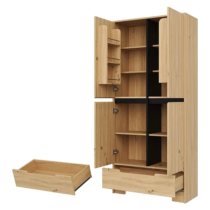 SONNENH Vorratsschrank 80 x 35 x 180 cm, Natur/Schwarz -  - Heller Schrank in Eichenoptik mit schwarzem Interieur, offenen Türen, Regalen und einer herausgenommenen Schublade.