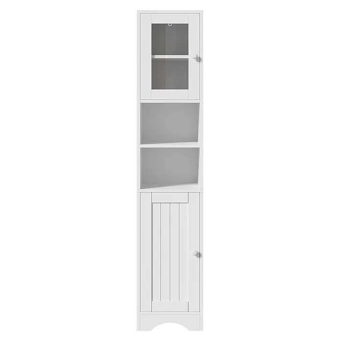 SONNENH Hochschrank 30 x 35 x 160 cm, Weiß -  - Weißer Holzschrank mit Glastür oben, zwei offenen Regalen und einer vertäfelten Bodentür.