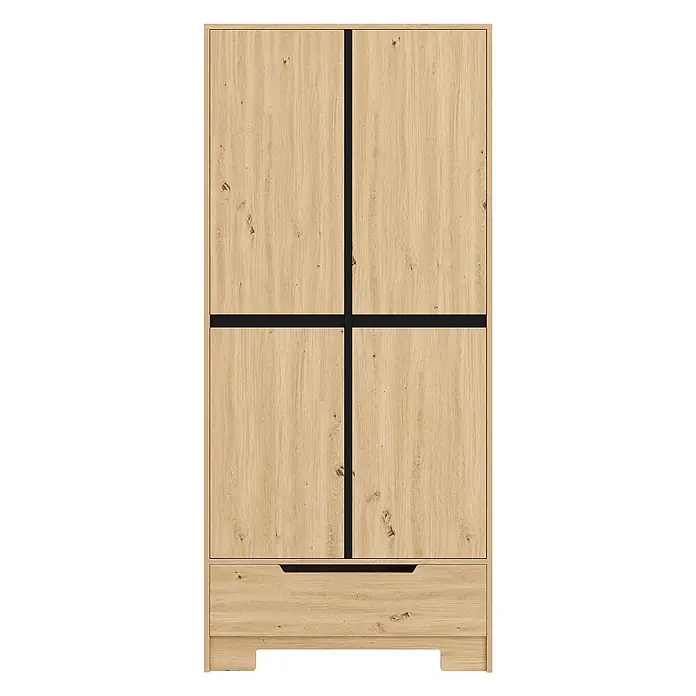 SONNENH Vorratsschrank 80 x 35 x 180 cm, Natur/Schwarz -  - Heller Kleiderschrank in Eichenoptik mit vier Türen und einer Schublade, mit modernen schwarzen Quer- und Vertikallinien.