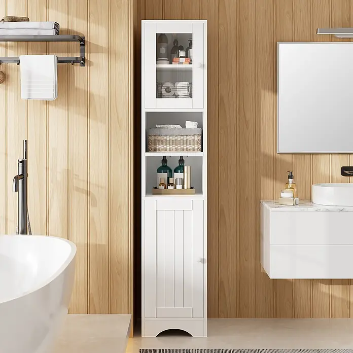 SONNENH Hochschrank 30 x 35 x 160 cm, Weiß -  - Hoher weißer Badschrank mit klarer Glastür oben und offenen Fächern für Handtücher und Pflegeprodukte.