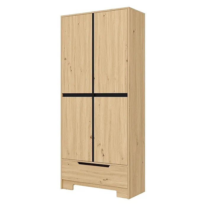 SONNENH Vorratsschrank 80 x 35 x 180 cm, Natur/Schwarz -  - Heller Kleiderschrank in Holzoptik mit vier Türen, schwarzen Griffen und einer Schublade unten.