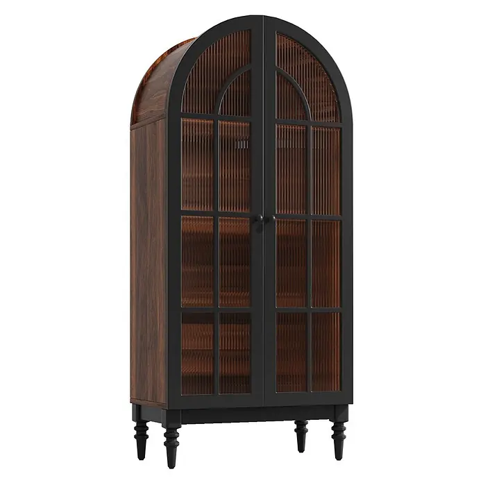 SONNENH Vitrine 76 x 38,5 x 165 cm, Schwarz/Walnussoptik -  - Gewölbter Schrank aus dunklem Holz und Schwarz mit geriffelten Glastüren und gedrechselten Beinen.