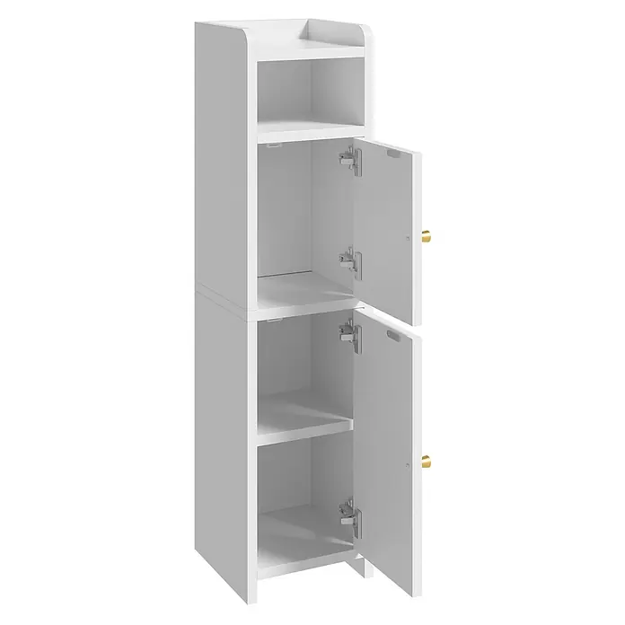 SONNENH Nischenschrank 20 x 20 x 80 cm, Weiß -  - Weißer Schrank mit offenen oberen Fächern und zwei geöffneten unteren Türen, die weitere Fächer und goldene Griffe zeigen.