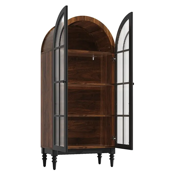 SONNENH Schrank-Set 152 x 38,5 x 165 cm, Schwarz -  - Dunkelbrauner Holzschrank mit gewölbtem Oberteil, offenen schwarzen Metalltüren mit Rillenglas links und Metallstäben rechts, schwarzen gedrechselten Beinen.