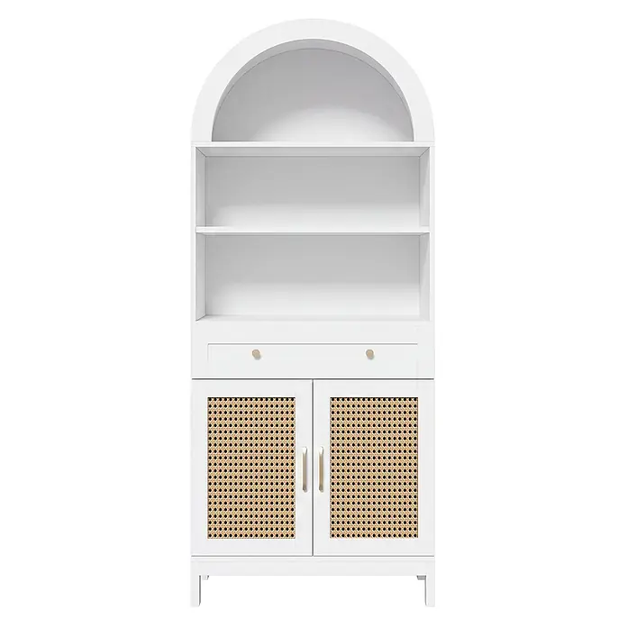SONNENH Mehrzweckschrank 70 x 40 x 170 cm, Weiß/Natur -  - Weißer Schrank mit gewölbter Oberseite, offenen Regalen, Schublade und zwei Rattantüren mit goldener Beschläge.