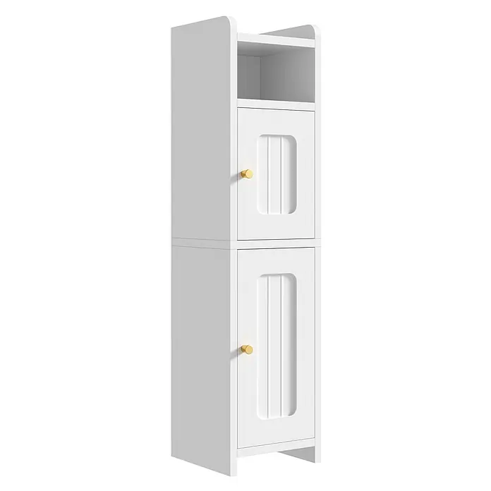 SONNENH Nischenschrank 20 x 20 x 80 cm, Weiß -  - Weißer Hochschrank mit zwei Lamellentüren mit goldenen Knöpfen und offenen Regalen oben.