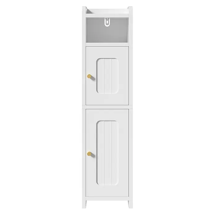 SONNENH Nischenschrank 20 x 20 x 80 cm, Weiß -  - Weißer Holzschrank mit zwei Türen, goldfarbenen Knöpfen und offenem oberen Fach.