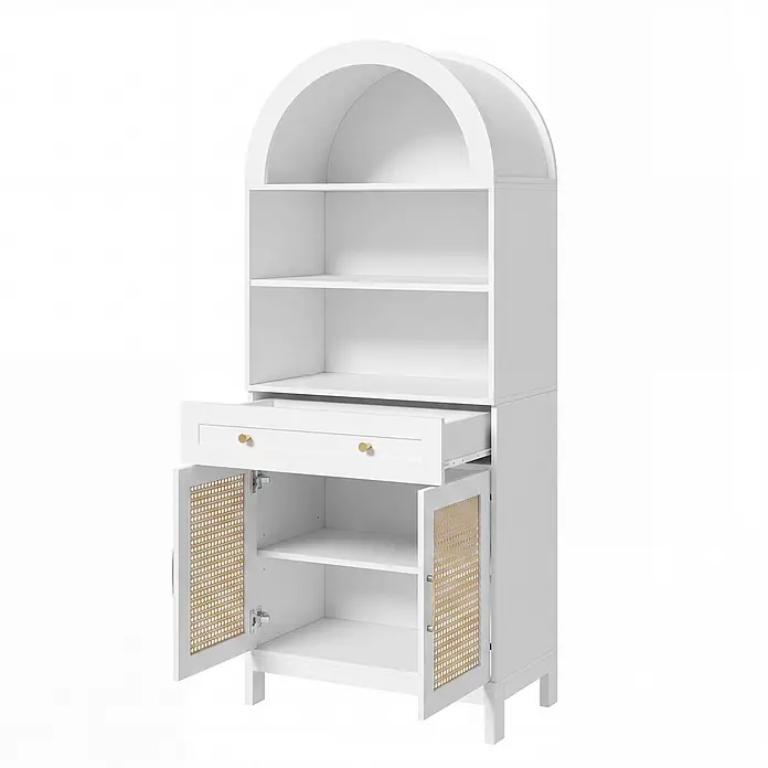 SONNENH Mehrzweckschrank 70 x 40 x 170 cm, Weiß/Natur -  - Weißer Bogenschrank mit offenen Regalen, einer offenen Schublade und offenen Türen mit Wiener Geflecht und goldenen Griffen.