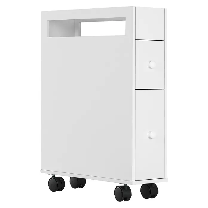 SONNENH Nischenschrank 16 x 49,5 x 66 cm, Weiß -  - Weißer, schmaler Rollcontainer mit oben offenem Fach und zwei Schubladen mit Knöpfen.