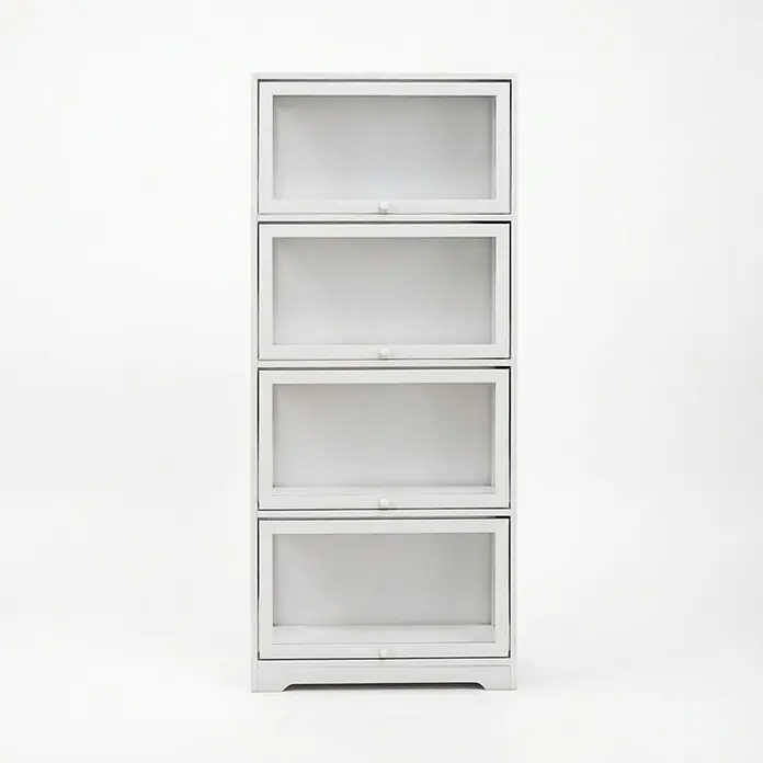 SONNENH Mehrzweckschrank 59 x 30 x 139 cm, Weiß/transparent -  - Weißer vierstöckiger Vitrinenschrank mit Glastüren und kleinen runden Knäufen.