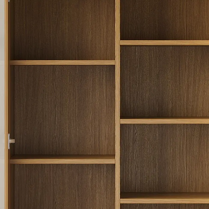 SONNENH Holz-Mehrzweckschrank 80 x 40 x 160 cm, Braune Holzoptik -  - Innenansicht eines dunkelbraunen Holzschranks mit hellen Holzböden und Trennwänden.