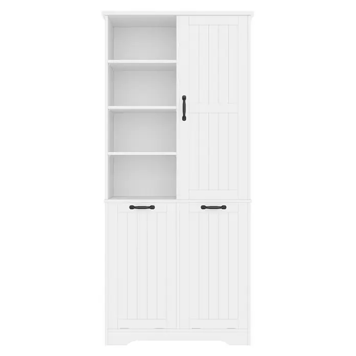 SONNENH Wäscheschrank 78 x 35 x 172,7 cm, Weiß -  - Weißer Holzschrank mit offenen Fächern, einer Schiebetür und zwei unteren Türen, mit schwarzen Griffen.