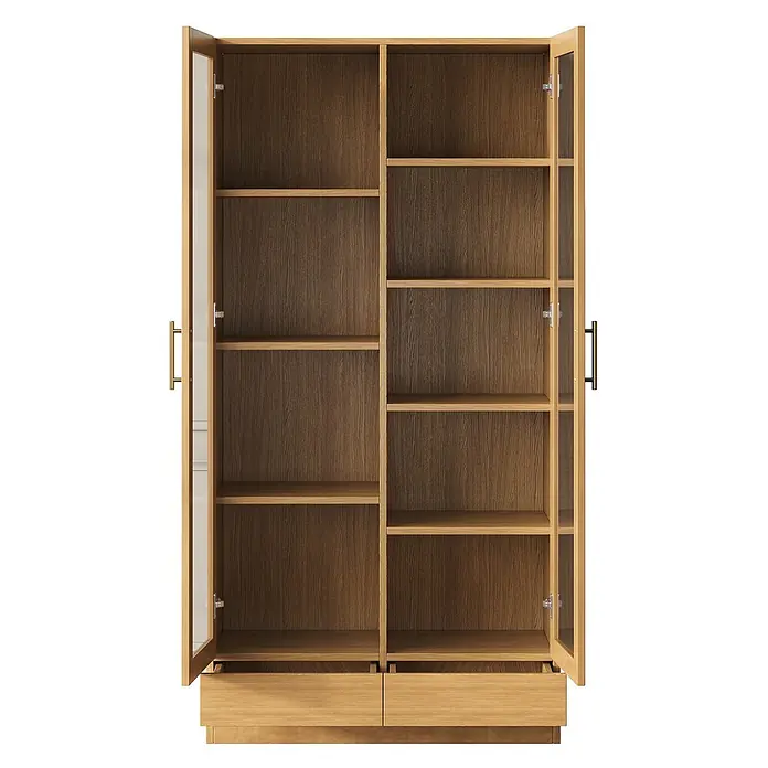 SONNENH Holz-Mehrzweckschrank 80 x 40 x 160 cm, Braune Holzoptik -  - Helles Holzvitrinenschrank mit Glastüren, offenen Regalen und zwei unteren Schubladen.