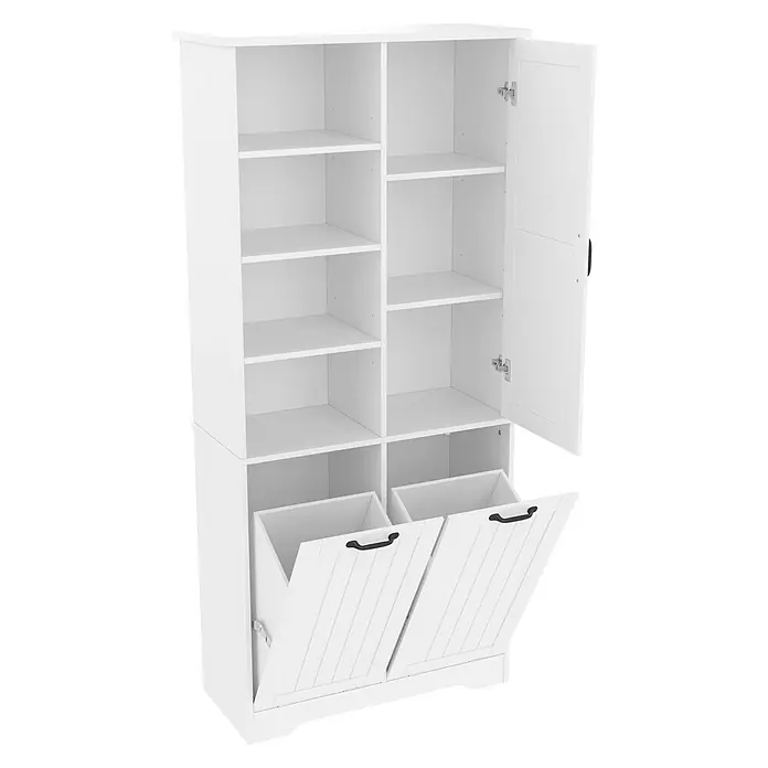 SONNENH Wäscheschrank 78 x 35 x 172,7 cm, Weiß -  - Weißer Holzschrank mit Regalböden, offener Tür und zwei kippbaren Fächern unten.