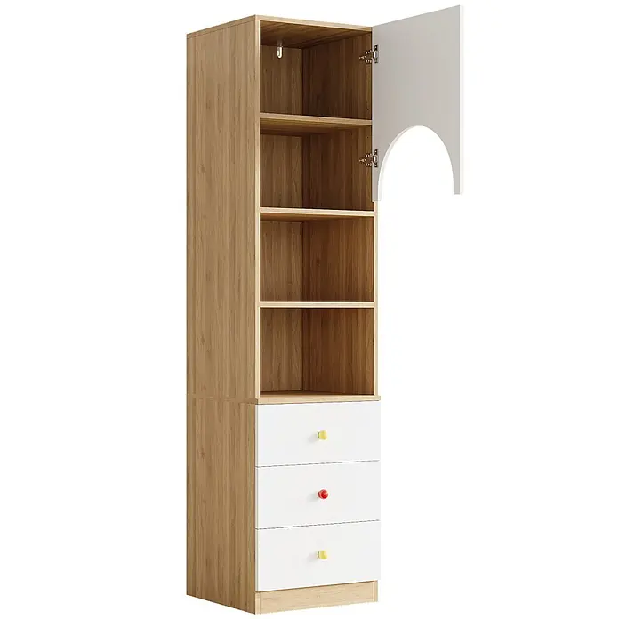 SONNENH Mehrzweckschrank 50 x 50 x 200 cm, Weiß -  - Hoher Schrank aus hellem Holz mit offenen Fächern, weißer Tür mit Rundbogenausschnitt und drei weißen Schubladen mit bunten Knöpfen.
