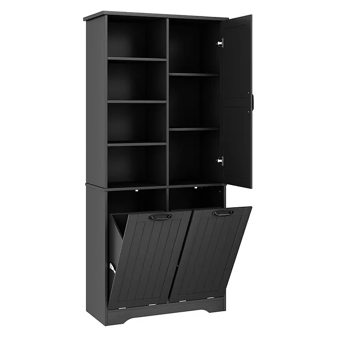 SONNENH Aufbewahrungsschrank 78 x 35 x 172,7 cm, Schwarz -  - Schwarzer Vorratsschrank mit offenen Regalen, einem geschlossenen Schrank mit offener Tür und zwei ausklappbaren Bodenbehältern, von denen einer geöffnet ist.