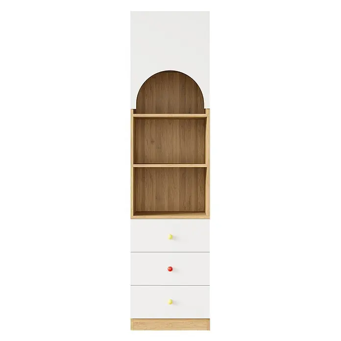 SONNENH Mehrzweckschrank 50 x 50 x 200 cm, Weiß -  - Weißes und hölzernes Kinderregal mit Bogen, zwei Fächern und drei Schubladen mit bunten Knöpfen.