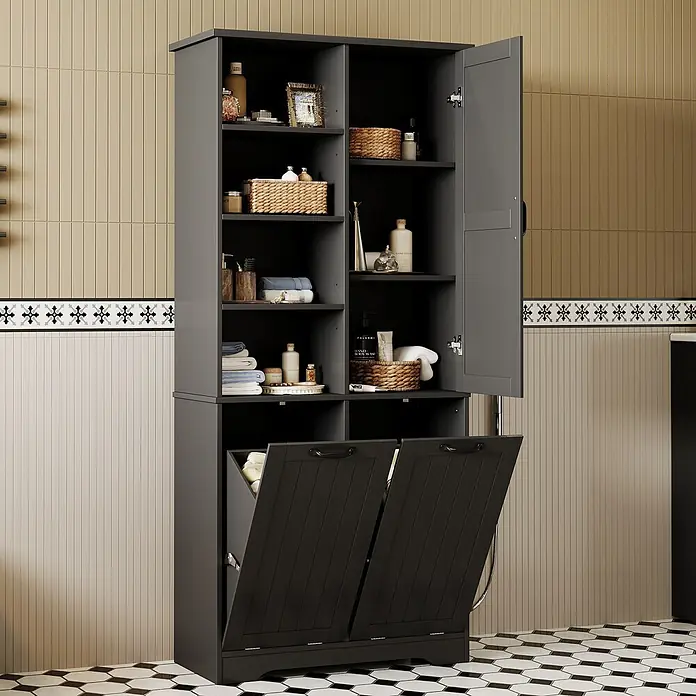 SONNENH Aufbewahrungsschrank 78 x 35 x 172,7 cm, Schwarz -  - Dunkelgrauer hoher Badezimmerschrank mit offenen Fächern und zwei kippbaren Wäschekörben.