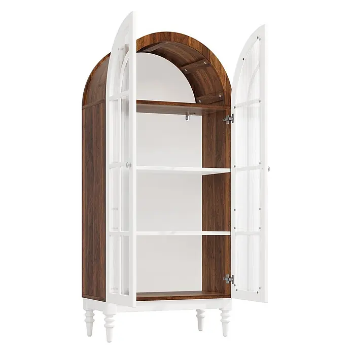 SONNENH Vitrine 76 x 38,5 x 165 cm, Weiß/Walnussoptik -  - Gewölbter Schrank mit dunkelbraunem Holzrahmen und offenen weißen Türen mit Rillenglas, innen weiße Regale, elegante weiße gedrechselte Beine.