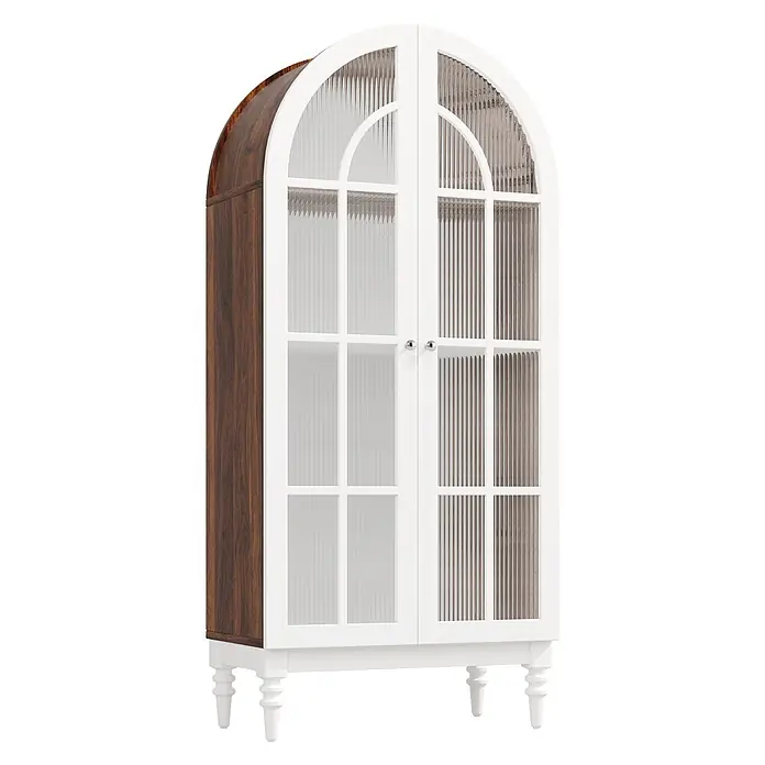 SONNENH Vitrine 76 x 38,5 x 165 cm, Weiß/Walnussoptik -  - Weißer Bogenschrank mit gerillten Glastüren, dunkler Holzseitenwand und dekorativen weißen Beinen.