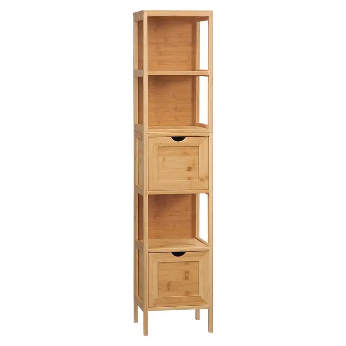 SONNENH Bambus-Mehrzweckschrank 30 x 30 x 140 cm, Naturfarbenes Bambus -  - Hohes Bambusregal mit drei offenen Fächern und zwei Schubladen zur Aufbewahrung.