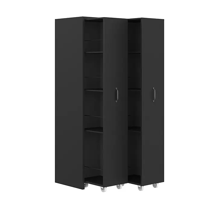 SONNENH Rollregal 51,5 x 41 x 158 cm, 4 Ebenen, Schwarz -  - Schwarzer rollbarer Lagerschrank mit mehreren Einlegeböden und teilweise geöffneten Türen.