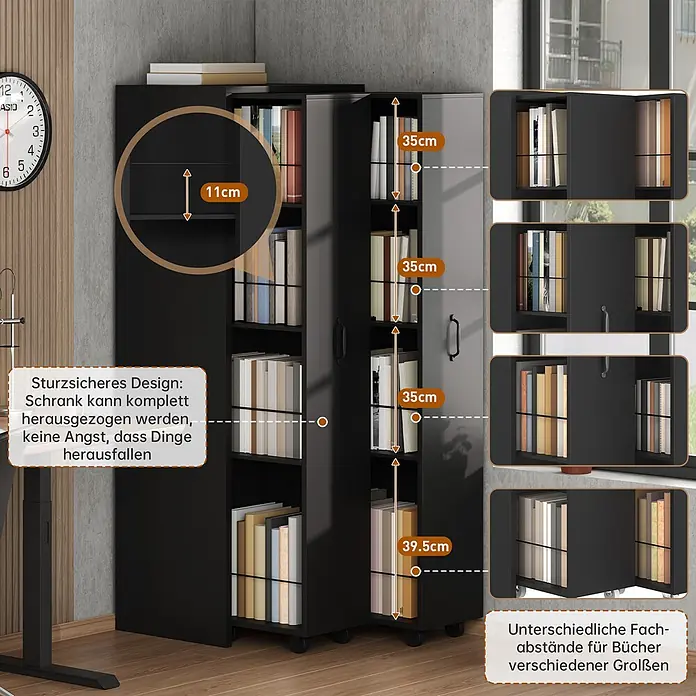 SONNENH Rollregal 51,5 x 41 x 158 cm, 4 Ebenen, Schwarz -  - Schwarzes Bücherregal auf Rollen mit verstellbaren Fächern für Bücher verschiedener Größen und sturzsicherem Design.