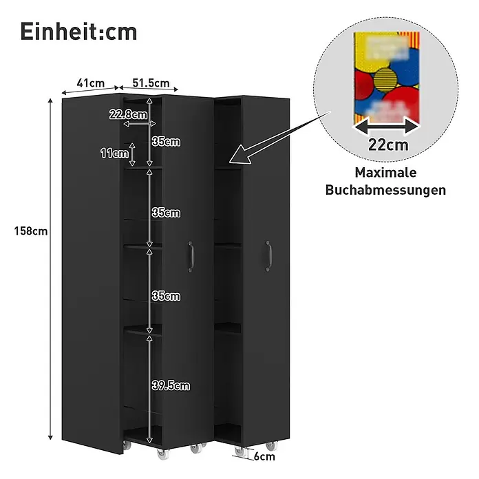 SONNENH Rollregal 51,5 x 41 x 158 cm, 4 Ebenen, Schwarz -  - Schwarzes Bücherregal auf Rollen, 158cm hoch, 41-51.5cm breit, mit Fächern für Bücher bis 22cm. Mit Rollen und verschiedenen Fachgrößen.