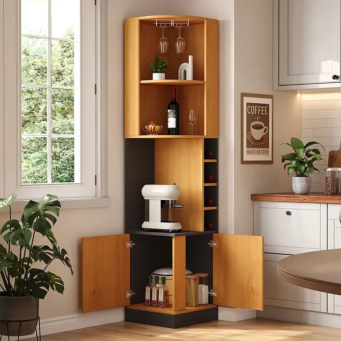 SONNENH Eck-Weinschrank 40 x 40 x 182 cm, Natur -  - Eck-Kaffeebar-Schrank aus hellem Holz und Dunkelgrau, mit Weinregalen, Ablagen und Unterschränken.